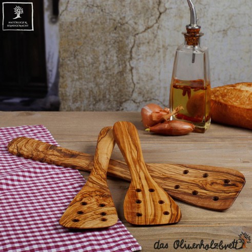 Spatula with holes , olive wood