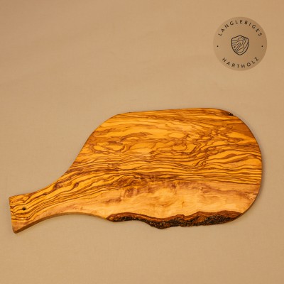 Servierbrett aus Olivenholz | Naturschnitt mit Griff & Rinde