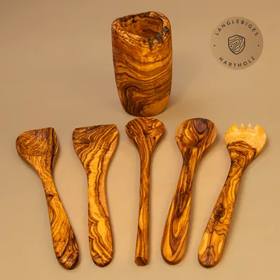 Olivenholz Kochlöffelhalter Naturschnitt – inkl. 5 Küchenhelfer | rustikal