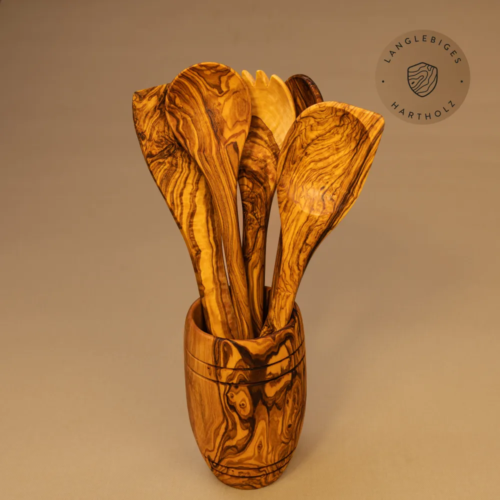 Rustikaler Olivenholz Kochlöffelhalter bauchig – inkl. 5 Küchenhelfer 