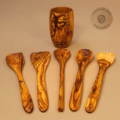 Rustikaler Olivenholz Kochlöffelhalter bauchig – inkl. 5 Küchenhelfer 