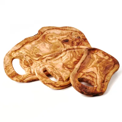 3er-Set Schneidebretter Olivenholz mit Saftrille & Henkel | rustikal