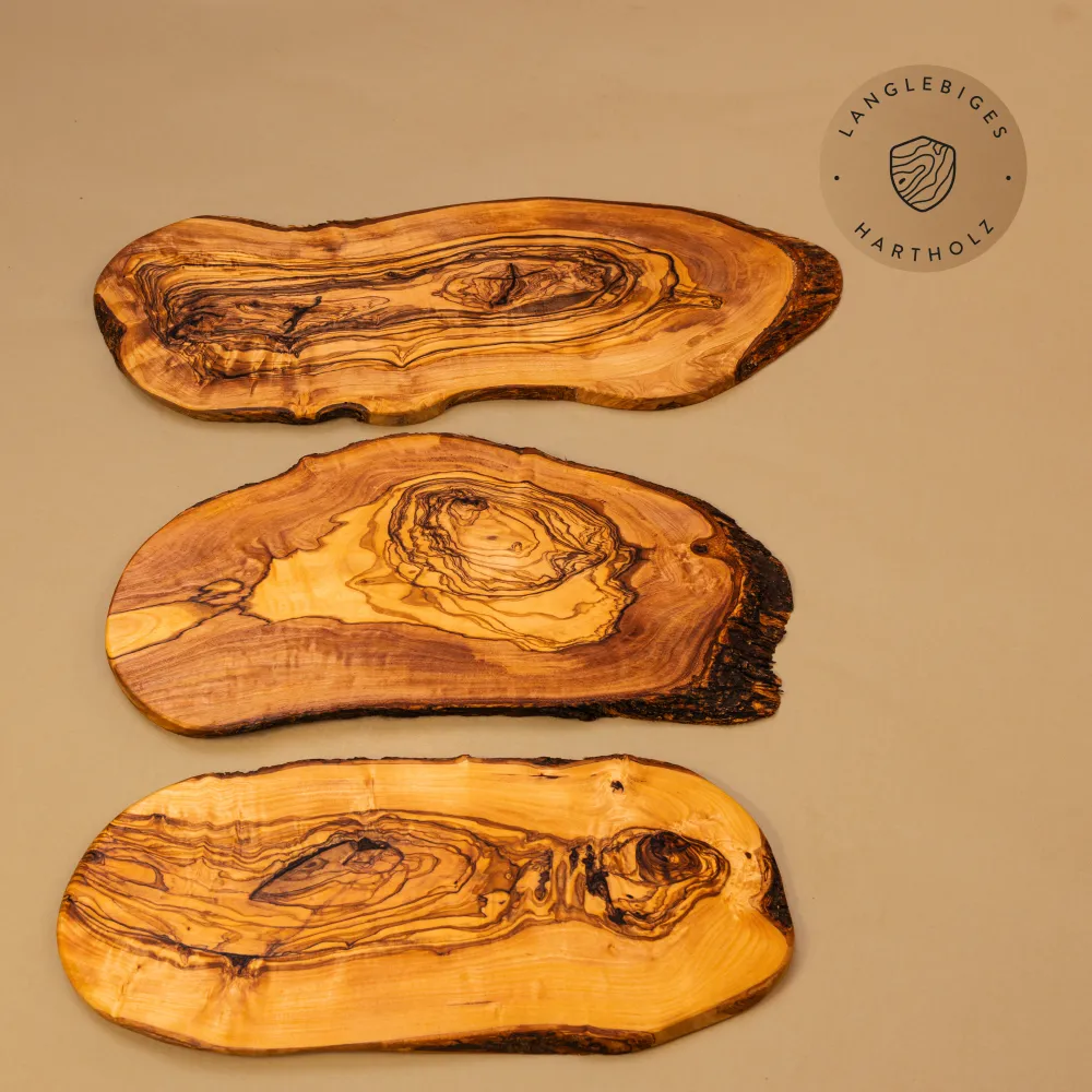 3er-Set Servierbretter Olivenholz im Baumschnitt | rustikal mit Rinde