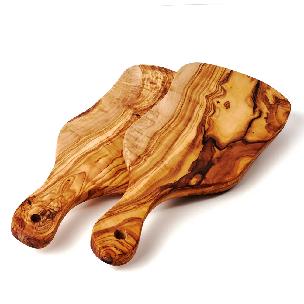 2er-Set Olivenholzbretter Naturschnitt mit Griff | länglich & rustikal