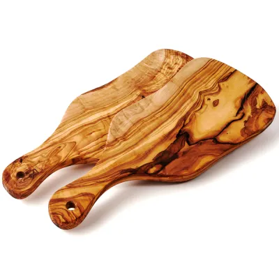 2er-Set Olivenholzbretter Naturschnitt mit Griff | länglich & rustikal