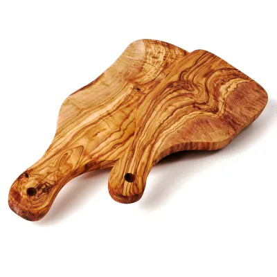 2er-Set Olivenholzbretter Naturschnitt mit Griff | länglich & rustikal