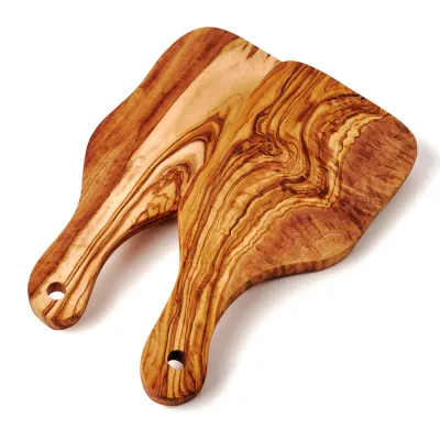 2er-Set Olivenholzbretter Naturschnitt mit Griff | länglich & rustikal