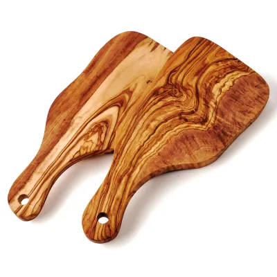 2er-Set Olivenholzbretter Naturschnitt mit Griff | länglich & rustikal