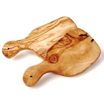 2er-Set Olivenholzbretter Naturschnitt mit Griff | länglich & rustikal