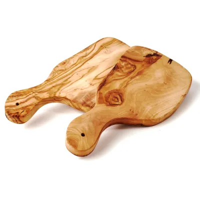 2er-Set Olivenholzbretter Naturschnitt mit Griff | länglich & rustikal