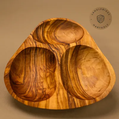 Olivenholz Schale mit 3 Fächern | Platz für Snacks, Dips & mehr