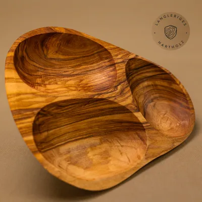 Olivenholz Schale mit 3 Fächern | Platz für Snacks, Dips & mehr