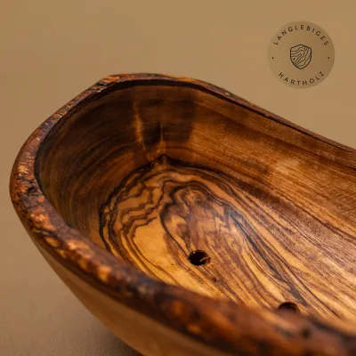 Seifenschälchen aus Olivenholz mit Löchern | oval | naturbelassener Rand