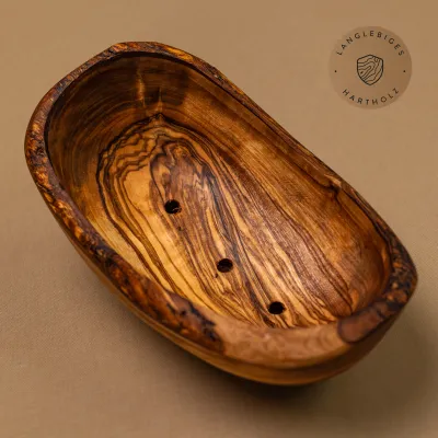 Seifenschälchen aus Olivenholz mit Löchern | oval | naturbelassener Rand