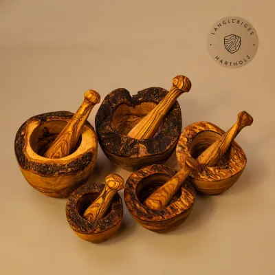5er Set Mörser & Stößel aus Olivenholz mit Naturrand | handgefertigt