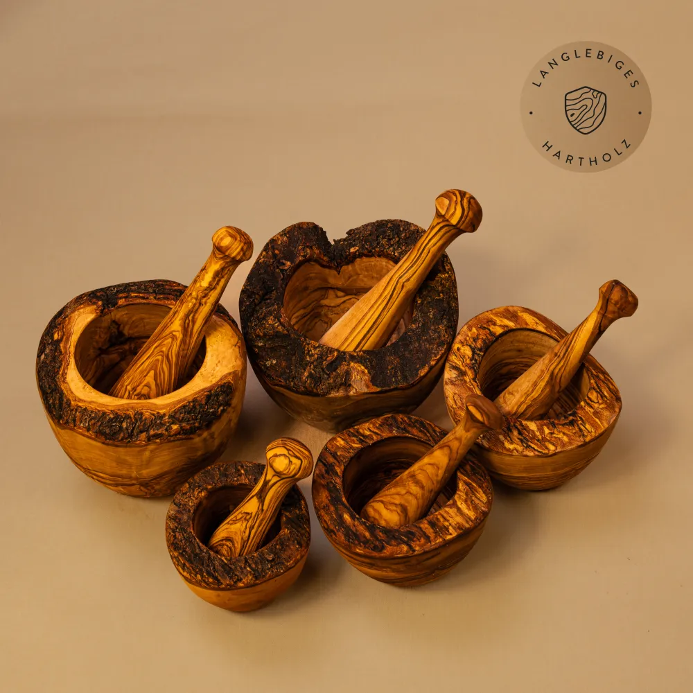 5er Set Mörser & Stößel aus Olivenholz mit Naturrand | handgefertigt