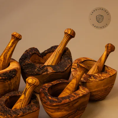5er Set Mörser & Stößel aus Olivenholz mit Naturrand | handgefertigt
