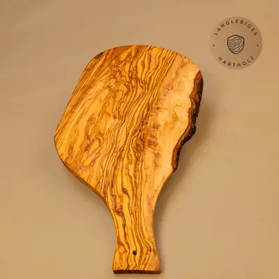 Servierbrett aus Olivenholz | Naturschnitt mit Griff & Rinde