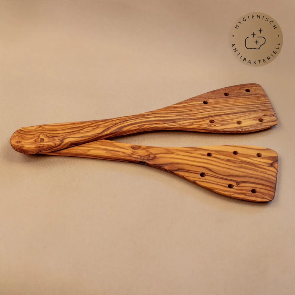 2er Set Pfannenwender aus Olivenholz mit Löchern