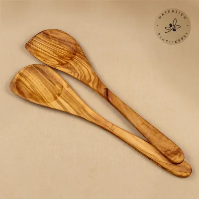 Kochlöffel Set Olivenholz – 2er-Set mit Mulde & Ecke | naturbelassen