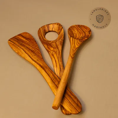 3er Set bestehend aus Pfannenwender, Kochlöffel, Risottolöffel aus Olivenholz