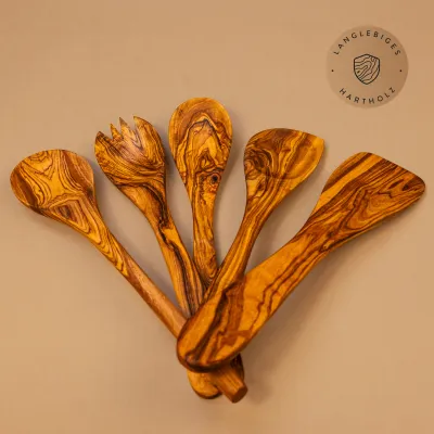 5er Set bestehend aus Salatbesteck, Pfannenwender, Kochlöffel und Löffel mit Mulde /Ecke