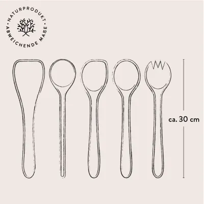 5er Set bestehend aus Salatbesteck, Pfannenwender, Kochlöffel und Löffel mit Mulde /Ecke