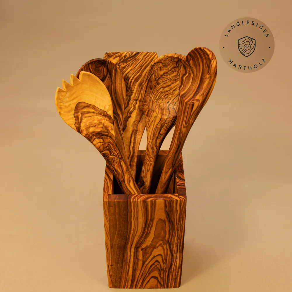 Kochlöffelhalter mit 5 Küchenhelfern | Eckige Form | reines Olivenholz