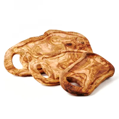 3er-Set Schneidebretter Olivenholz mit Saftrille & Henkel | rustikal