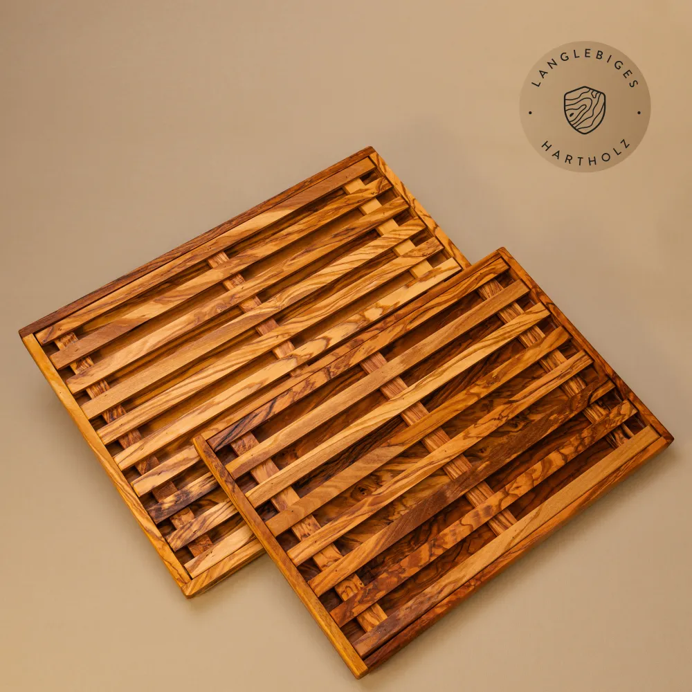 2er Set Brotschneidebrett aus Olivenholz, mit Krümelrost, flach