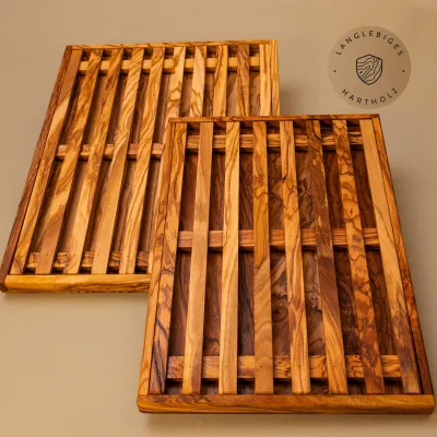 2er Set Brotschneidebrett aus Olivenholz, mit Krümelrost, flach