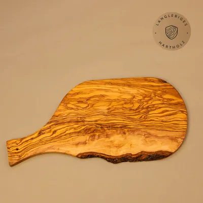 Servierbrett aus Olivenholz | Naturschnitt mit Griff & Rinde