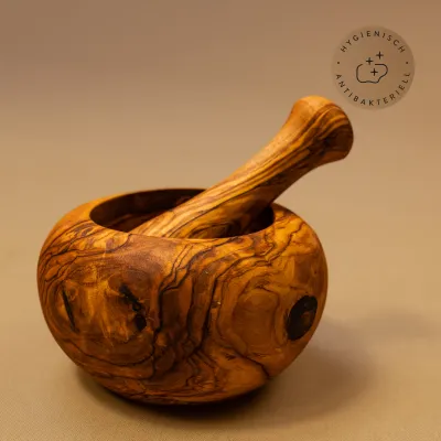 Mörser & Stößel aus Olivenholz mit rundem Rand | modernes Design