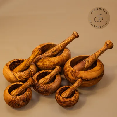 Mörser & Stößel aus Olivenholz mit rundem Rand | modernes Design