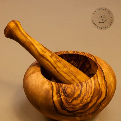Mörser & Stößel aus Olivenholz mit rundem Rand | modernes Design