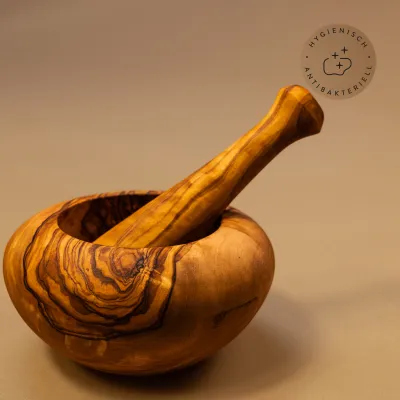 Mörser & Stößel aus Olivenholz mit rundem Rand | modernes Design