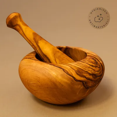 Mörser & Stößel aus Olivenholz mit rundem Rand | modernes Design