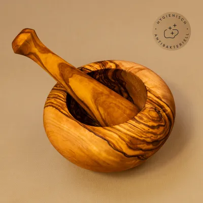 Mörser & Stößel aus Olivenholz mit rundem Rand | modernes Design
