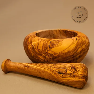 Mörser & Stößel aus Olivenholz mit rundem Rand | modernes Design