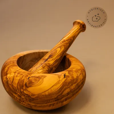 Mörser & Stößel aus Olivenholz mit rundem Rand | modernes Design