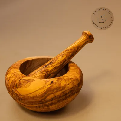 Mörser & Stößel aus Olivenholz mit rundem Rand | modernes Design