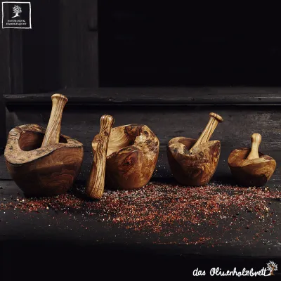 5er Set Mörser & Stößel aus Olivenholz mit Naturrand | handgefertigt