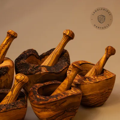5er Set Mörser & Stößel aus Olivenholz mit Naturrand | handgefertigt