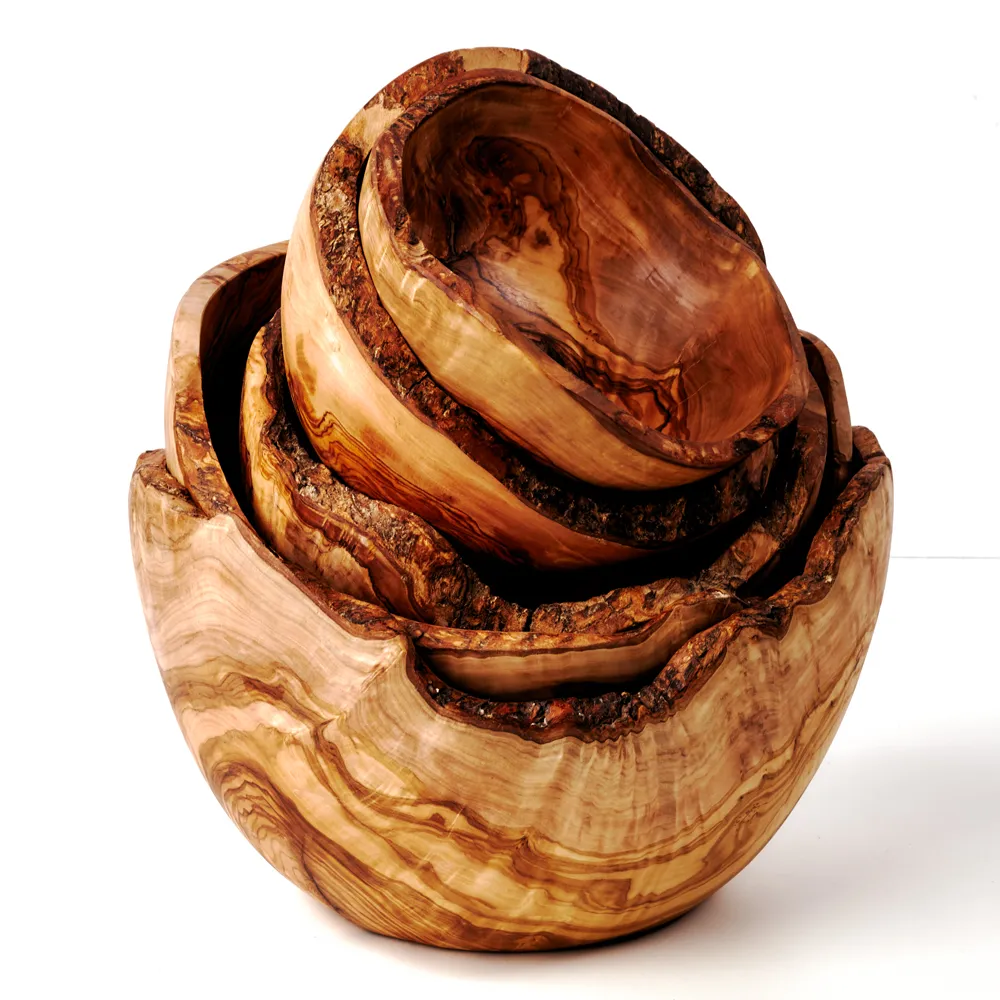 5er Set Olivenholz Müslischalen mit Naturrand | 10 - 18 cm