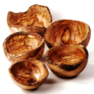 5er Set Olivenholz Müslischalen mit Naturrand | 10 - 18 cm