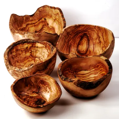 5er Set Olivenholz Müslischalen mit Naturrand | 10 - 18 cm
