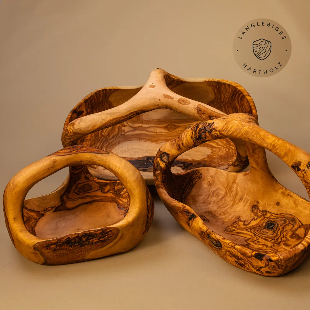 3er Set Korbschale aus Olivenholz mit Henkel