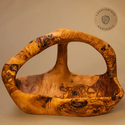 Olivenholz Korbschale mit Henkel | rustikales Unikat für Obst & Deko