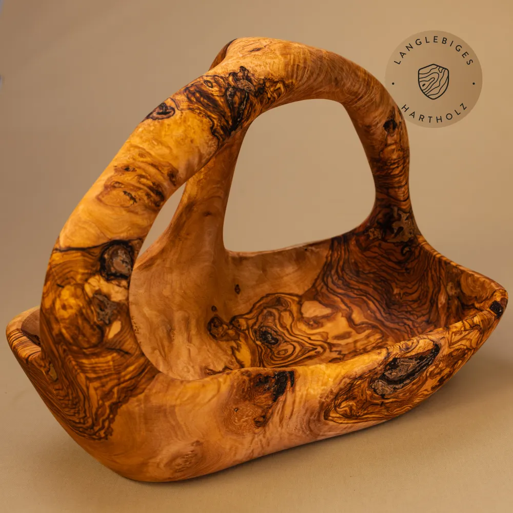 Olivenholz Korbschale mit Henkel | rustikales Unikat für Obst & Deko