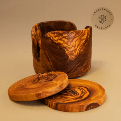 Untersetzer aus Olivenholz 6-teilig mit Halter | Handgemacht & natürlich